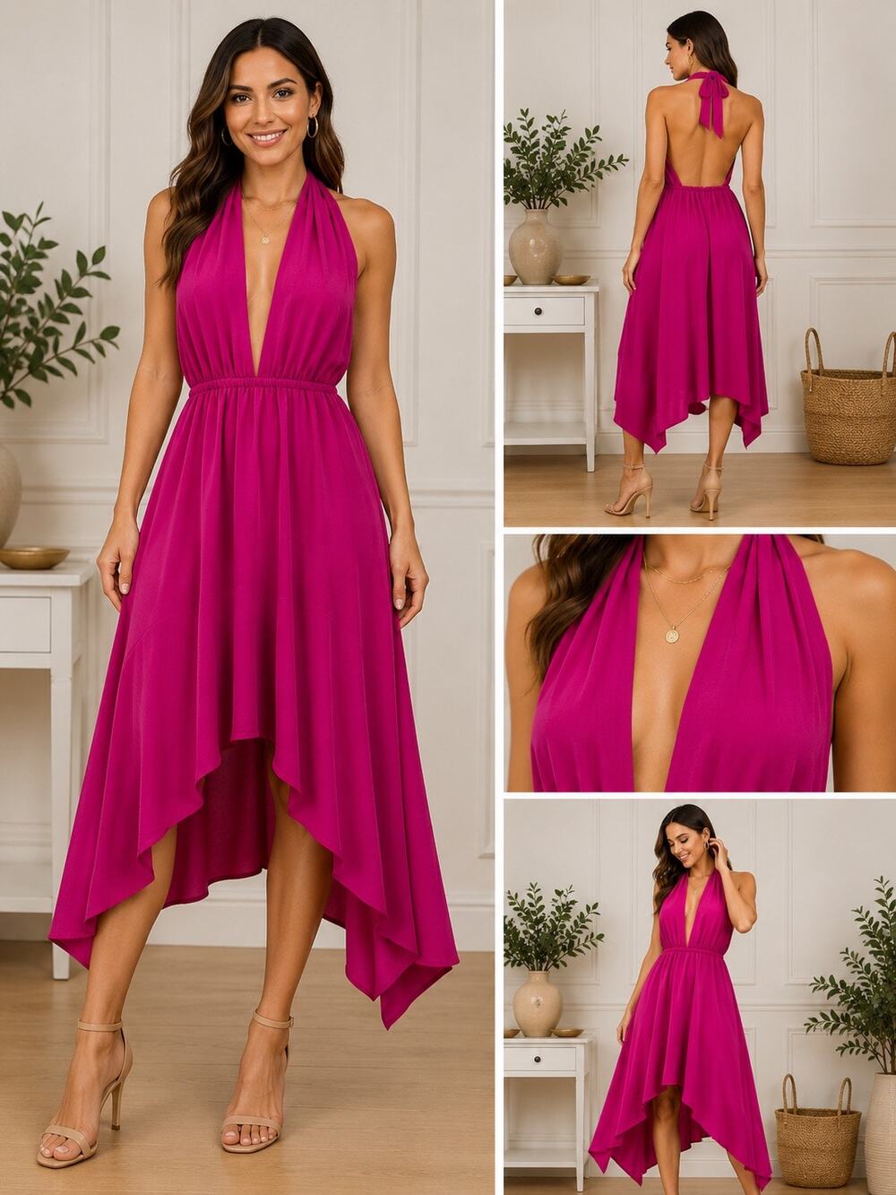 VICI Tyche Magenta Backless Halter High Low Midi Dress Deep V Neck Size Medium